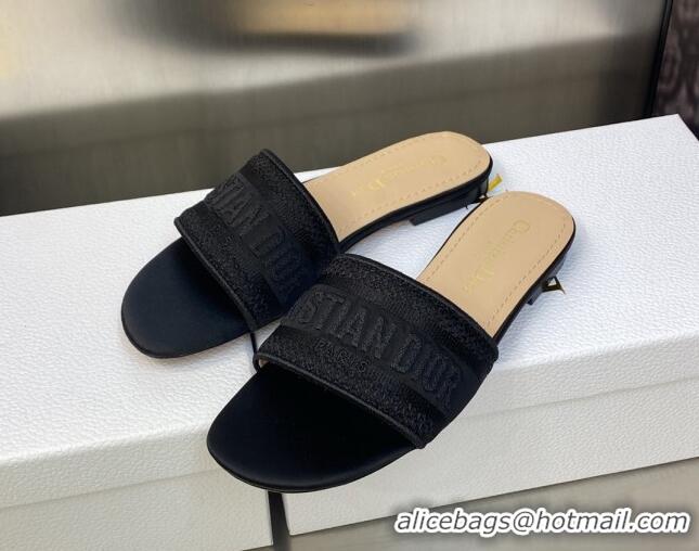 Good Looking Dior Dway Flat Slides Sandals 4.5cm in Black Embroidered Satin and Cotton 605037