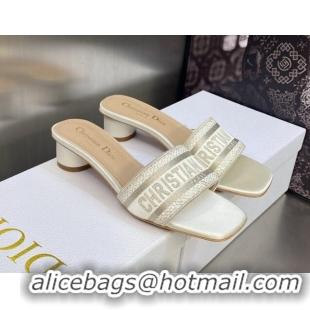 Good Quality Dior Dway Heel Slides Sandals 3.5cm in Gold-Tone Metallic Thread Embroidered Satin White 605038