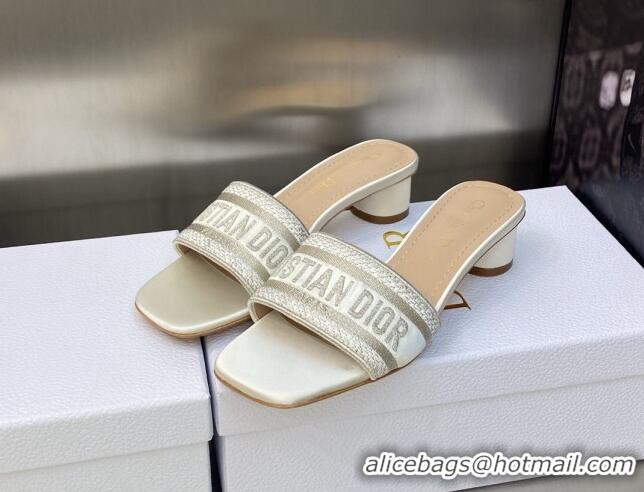 Good Quality Dior Dway Heel Slides Sandals 3.5cm in Gold-Tone Metallic Thread Embroidered Satin White 605038