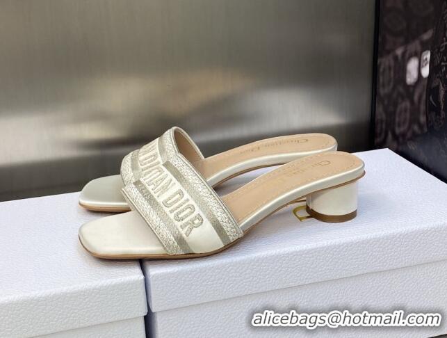 Good Quality Dior Dway Heel Slides Sandals 3.5cm in Gold-Tone Metallic Thread Embroidered Satin White 605038