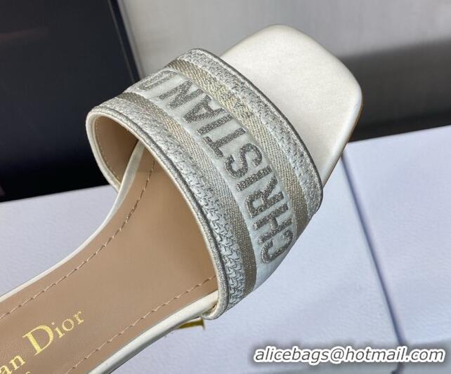 Good Quality Dior Dway Heel Slides Sandals 3.5cm in Gold-Tone Metallic Thread Embroidered Satin White 605038