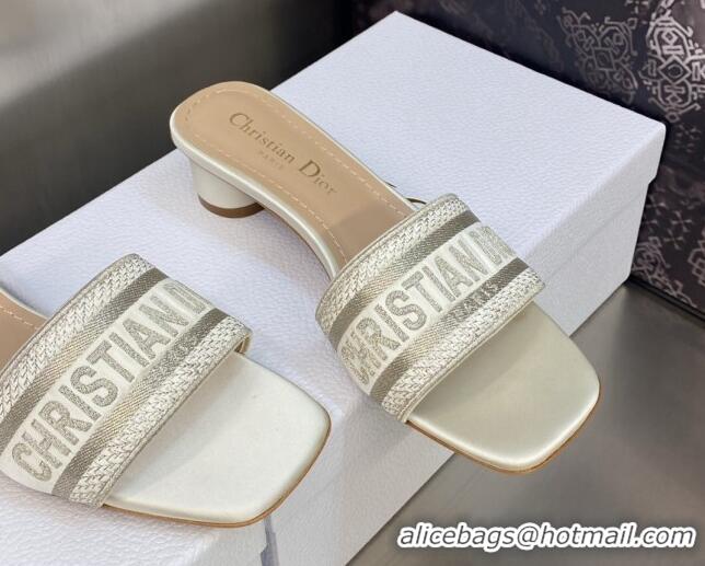 Good Quality Dior Dway Heel Slides Sandals 3.5cm in Gold-Tone Metallic Thread Embroidered Satin White 605038