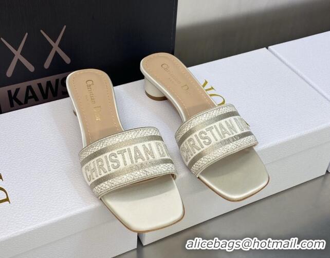 Good Quality Dior Dway Heel Slides Sandals 3.5cm in Gold-Tone Metallic Thread Embroidered Satin White 605038