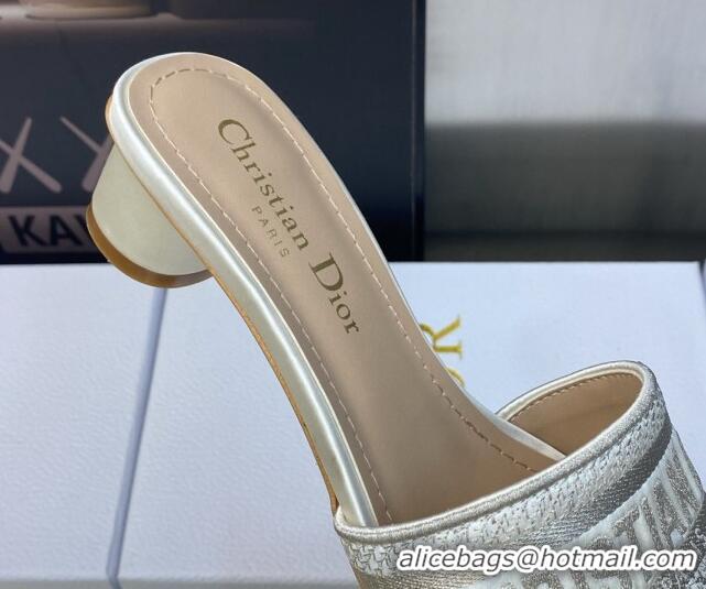 Good Quality Dior Dway Heel Slides Sandals 3.5cm in Gold-Tone Metallic Thread Embroidered Satin White 605038