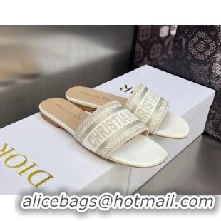 Low Price Dior Dway Flat Slides Sandals in Gold-Tone Metallic Thread Embroidered Satin White 605039