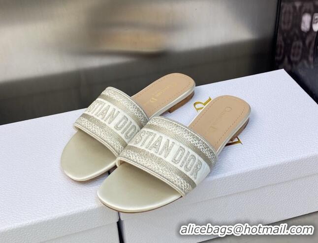 Low Price Dior Dway Flat Slides Sandals in Gold-Tone Metallic Thread Embroidered Satin White 605039