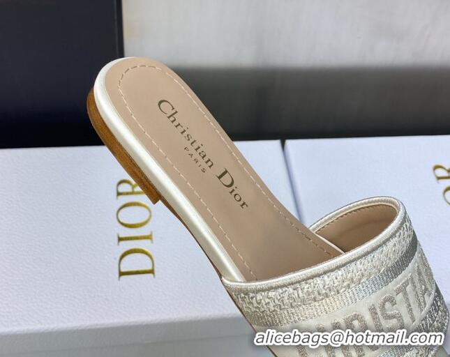 Low Price Dior Dway Flat Slides Sandals in Gold-Tone Metallic Thread Embroidered Satin White 605039