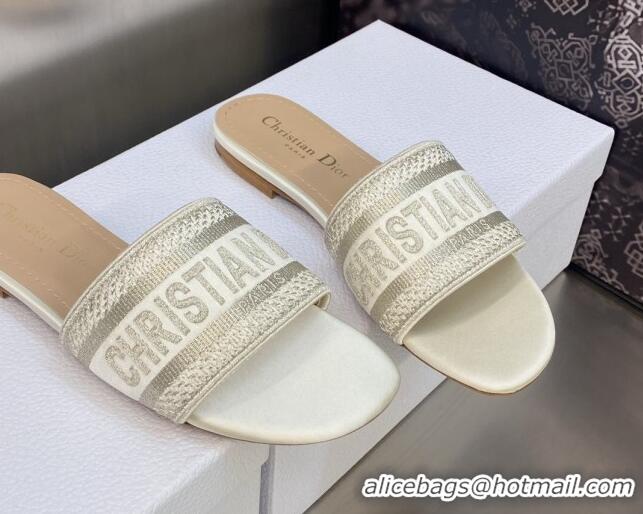 Low Price Dior Dway Flat Slides Sandals in Gold-Tone Metallic Thread Embroidered Satin White 605039