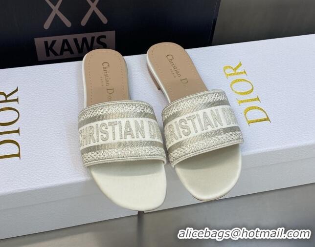 Low Price Dior Dway Flat Slides Sandals in Gold-Tone Metallic Thread Embroidered Satin White 605039