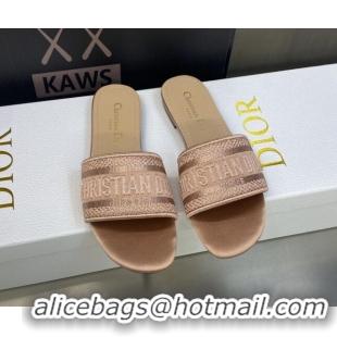 Luxury Dior Dway Flat Slides Sandals in Rose Des Vents Pink Metallic Thread Embroidered Satin 605041