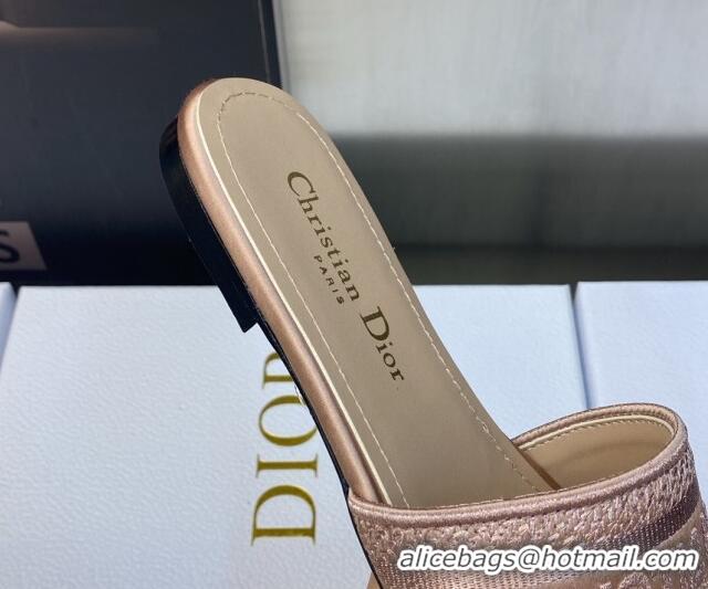 Luxury Dior Dway Flat Slides Sandals in Rose Des Vents Pink Metallic Thread Embroidered Satin 605041