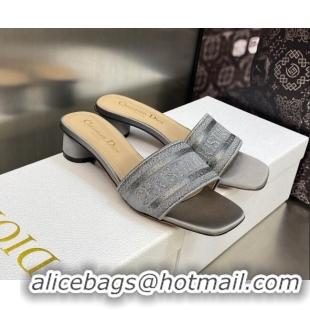 Stylish Dior Dway Heel Slides Sandals 3.5cm in Grey Stone Metallic Thread Embroidered Satin 605042