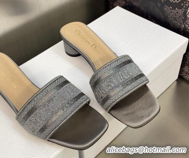 Stylish Dior Dway Heel Slides Sandals 3.5cm in Grey Stone Metallic Thread Embroidered Satin 605042