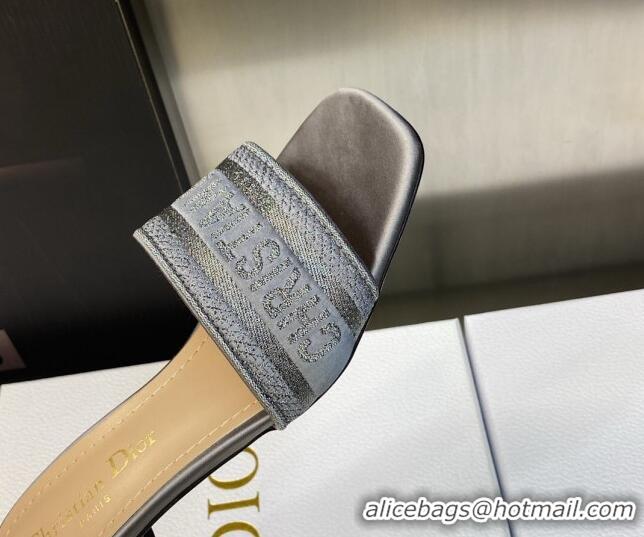 Stylish Dior Dway Heel Slides Sandals 3.5cm in Grey Stone Metallic Thread Embroidered Satin 605042