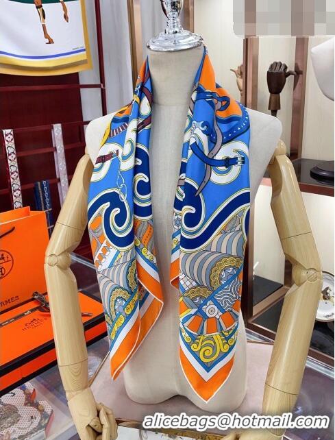 Unique Style Hermes Harnais en Rosace Silk Sqaure Scarf 90x90cm H61566 Blue/Orange 2023