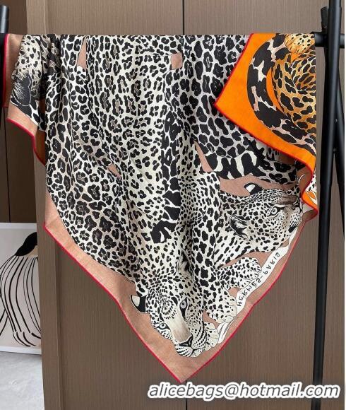 Grade Design Hermes Leopard Silk & Cashmere Sqaure Scarf 110x110cm H61564 Orange 2023