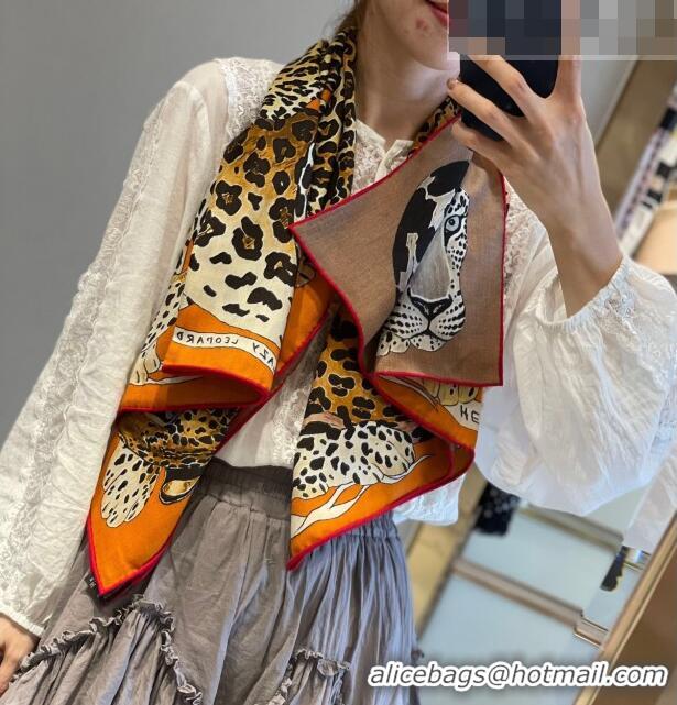 Grade Design Hermes Leopard Silk & Cashmere Sqaure Scarf 110x110cm H61564 Orange 2023