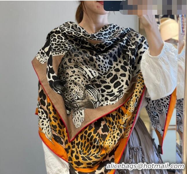 Grade Design Hermes Leopard Silk & Cashmere Sqaure Scarf 110x110cm H61564 Orange 2023