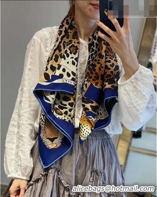 Inexpensive Hermes Leopard Silk & Cashmere Sqaure Scarf 110x110cm H61563 Blue 2023