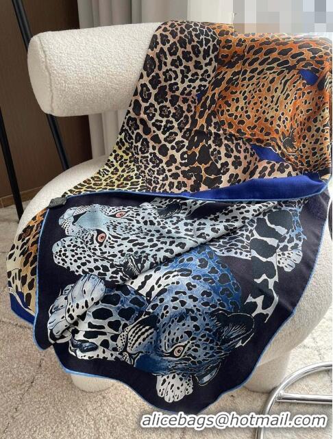 Inexpensive Hermes Leopard Silk & Cashmere Sqaure Scarf 110x110cm H61563 Blue 2023