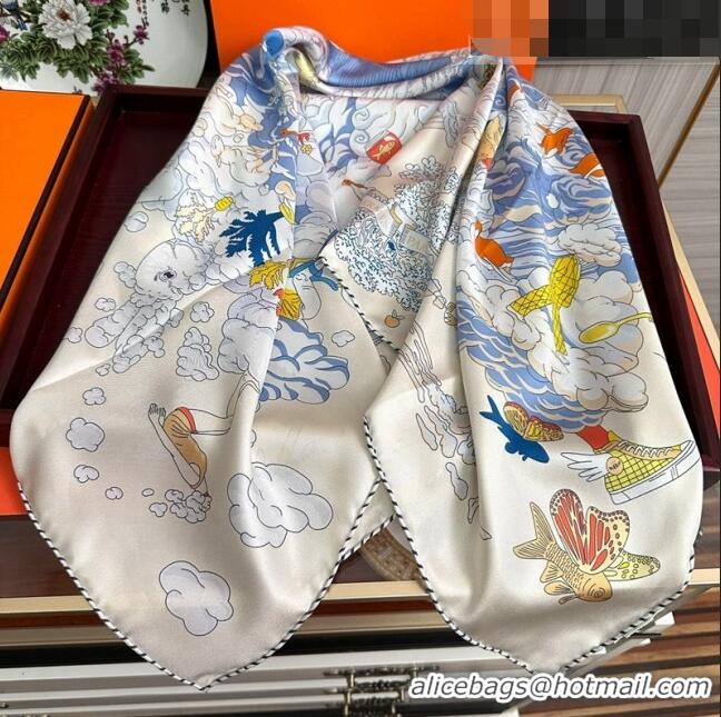 Famous Brand Hermes Sur Mon Nuage Silk Sqaure Scarf 90x90cm H28018 White 2023