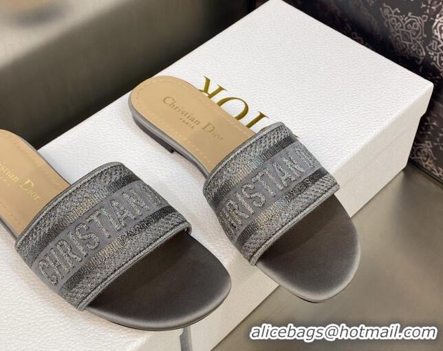 Perfect Dior Dway Flat Slides Sandals in Grey Stone Metallic Thread Embroidered Satin 605043