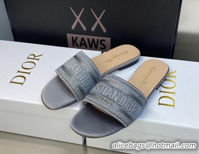 Perfect Dior Dway Flat Slides Sandals in Grey Stone Metallic Thread Embroidered Satin 605043