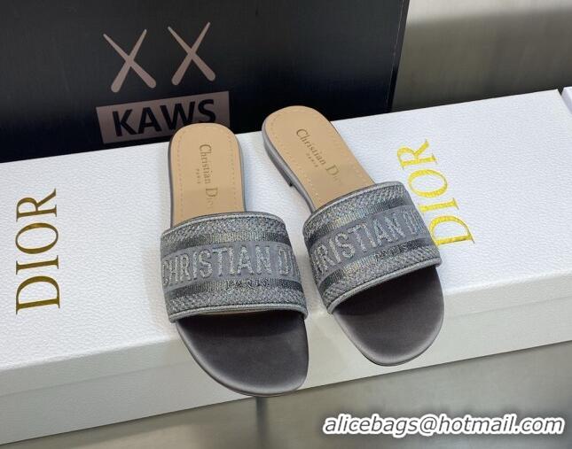 Perfect Dior Dway Flat Slides Sandals in Grey Stone Metallic Thread Embroidered Satin 605043