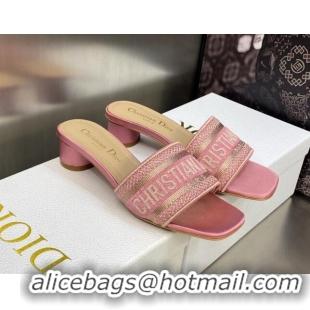 Popular Style Dior Dway Heel Slides Sandals 3.5cm in Light Pink Metallic Thread Embroidered Satin 605044