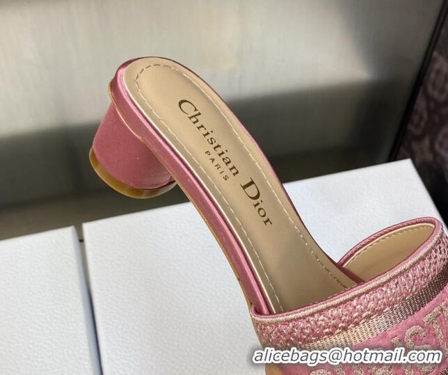 Popular Style Dior Dway Heel Slides Sandals 3.5cm in Light Pink Metallic Thread Embroidered Satin 605044