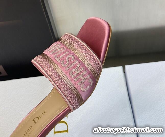 Popular Style Dior Dway Heel Slides Sandals 3.5cm in Light Pink Metallic Thread Embroidered Satin 605044