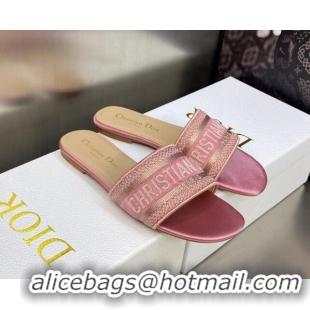 Most Popular Dior Dway Flat Slides Sandals in Light Pink Metallic Thread Embroidered Satin 0605045