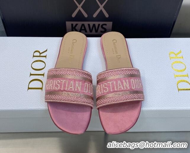 Most Popular Dior Dway Flat Slides Sandals in Light Pink Metallic Thread Embroidered Satin 0605045