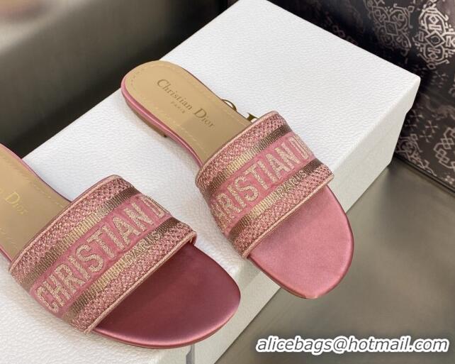 Most Popular Dior Dway Flat Slides Sandals in Light Pink Metallic Thread Embroidered Satin 0605045