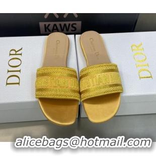 Top Design Dior Dway Flat Slides Sandals in Yellow Metallic Thread Embroidered Satin 605047