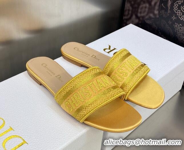 Top Design Dior Dway Flat Slides Sandals in Yellow Metallic Thread Embroidered Satin 605047