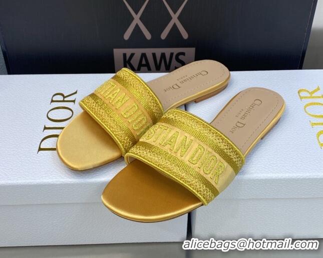 Top Design Dior Dway Flat Slides Sandals in Yellow Metallic Thread Embroidered Satin 605047