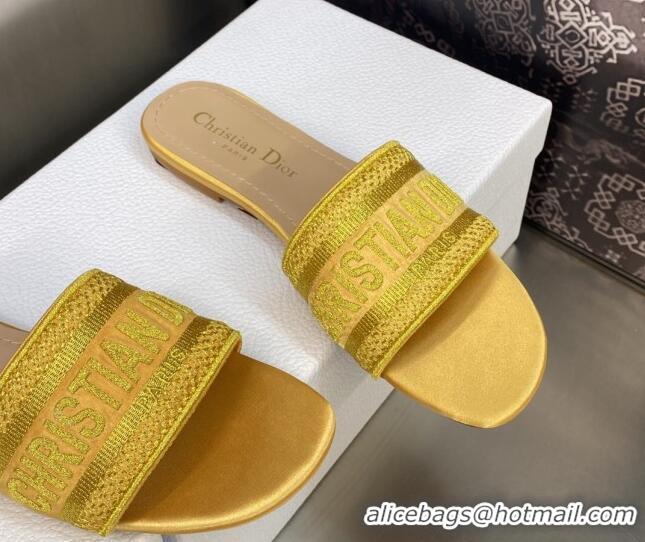 Top Design Dior Dway Flat Slides Sandals in Yellow Metallic Thread Embroidered Satin 605047