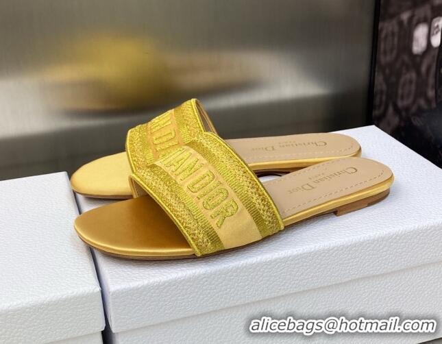 Top Design Dior Dway Flat Slides Sandals in Yellow Metallic Thread Embroidered Satin 605047