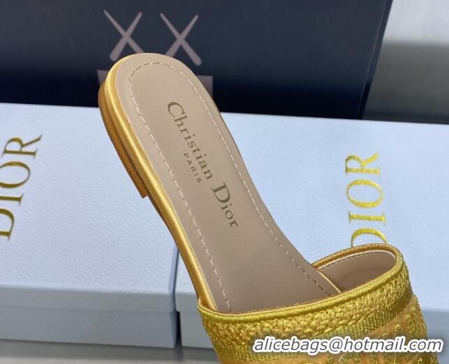 Top Design Dior Dway Flat Slides Sandals in Yellow Metallic Thread Embroidered Satin 605047