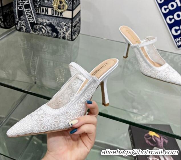 Best Price Dior Capture Heeled Mules 9.5cm in Transparent Mesh Embroidered with Optic White Saint-Gall Motif 605048