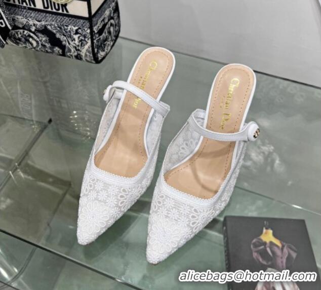 Best Price Dior Capture Heeled Mules 9.5cm in Transparent Mesh Embroidered with Optic White Saint-Gall Motif 605048