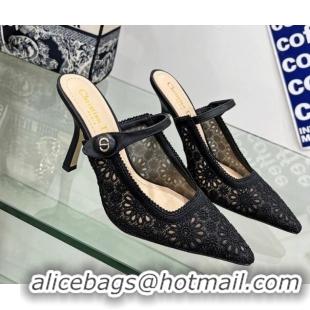 Luxury Discount Dior Capture Heeled Mules 9.5cm in Transparent Mesh Embroidered with Black Saint-Gall Motif 605050