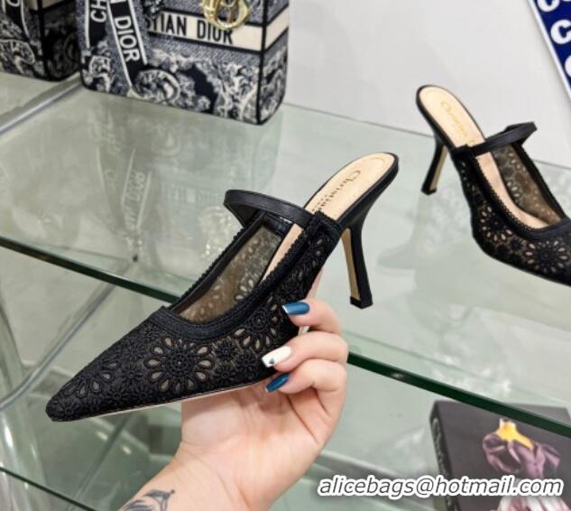 Luxury Discount Dior Capture Heeled Mules 9.5cm in Transparent Mesh Embroidered with Black Saint-Gall Motif 605050