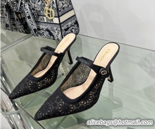 Luxury Discount Dior Capture Heeled Mules 9.5cm in Transparent Mesh Embroidered with Black Saint-Gall Motif 605050