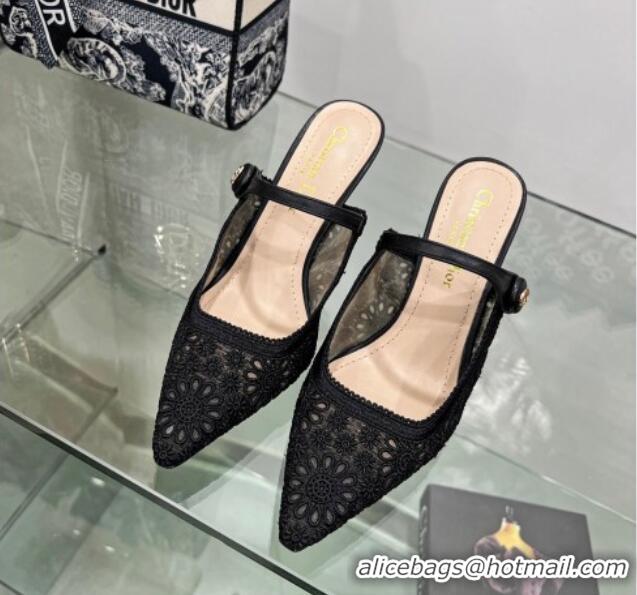 Luxury Discount Dior Capture Heeled Mules 9.5cm in Transparent Mesh Embroidered with Black Saint-Gall Motif 605050