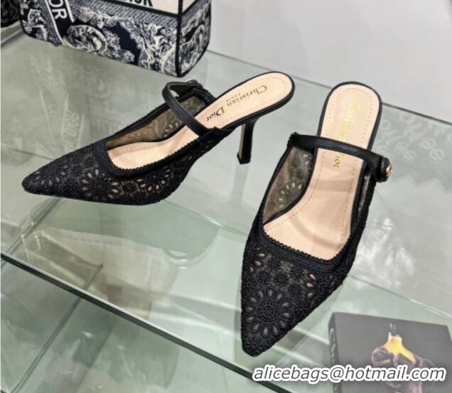 Luxury Discount Dior Capture Heeled Mules 9.5cm in Transparent Mesh Embroidered with Black Saint-Gall Motif 605050