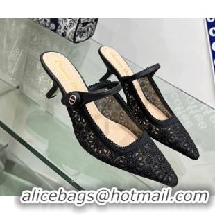 Luxury Dior Capture Heeled Mules 6.5cm in Transparent Mesh Embroidered with Black Saint-Gall Motif 605051