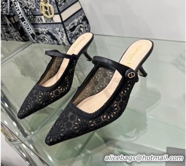 Luxury Dior Capture Heeled Mules 6.5cm in Transparent Mesh Embroidered with Black Saint-Gall Motif 605051