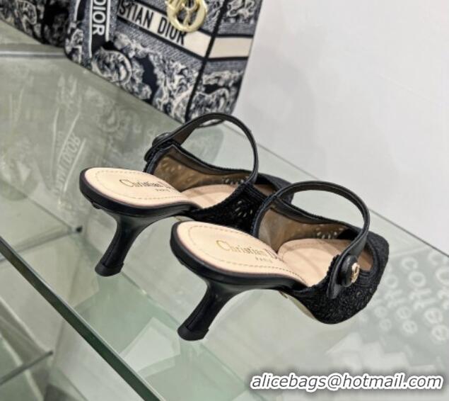 Luxury Dior Capture Heeled Mules 6.5cm in Transparent Mesh Embroidered with Black Saint-Gall Motif 605051